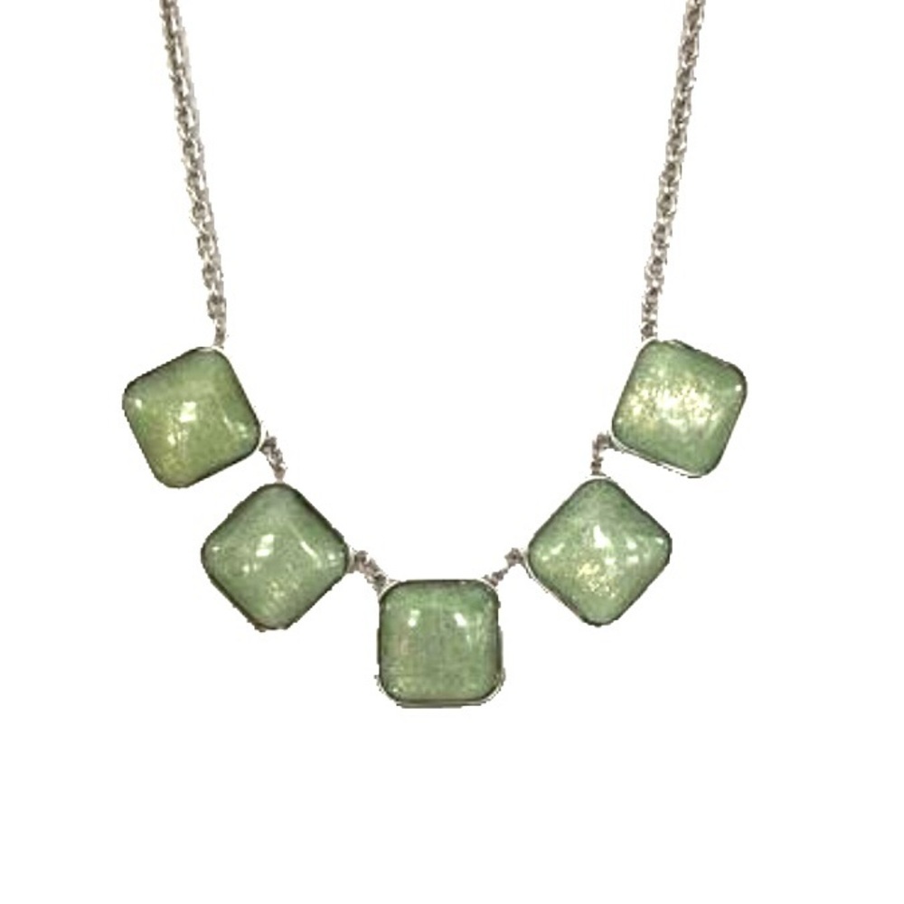 Silver Tone Green Square Pennant Style Necklace